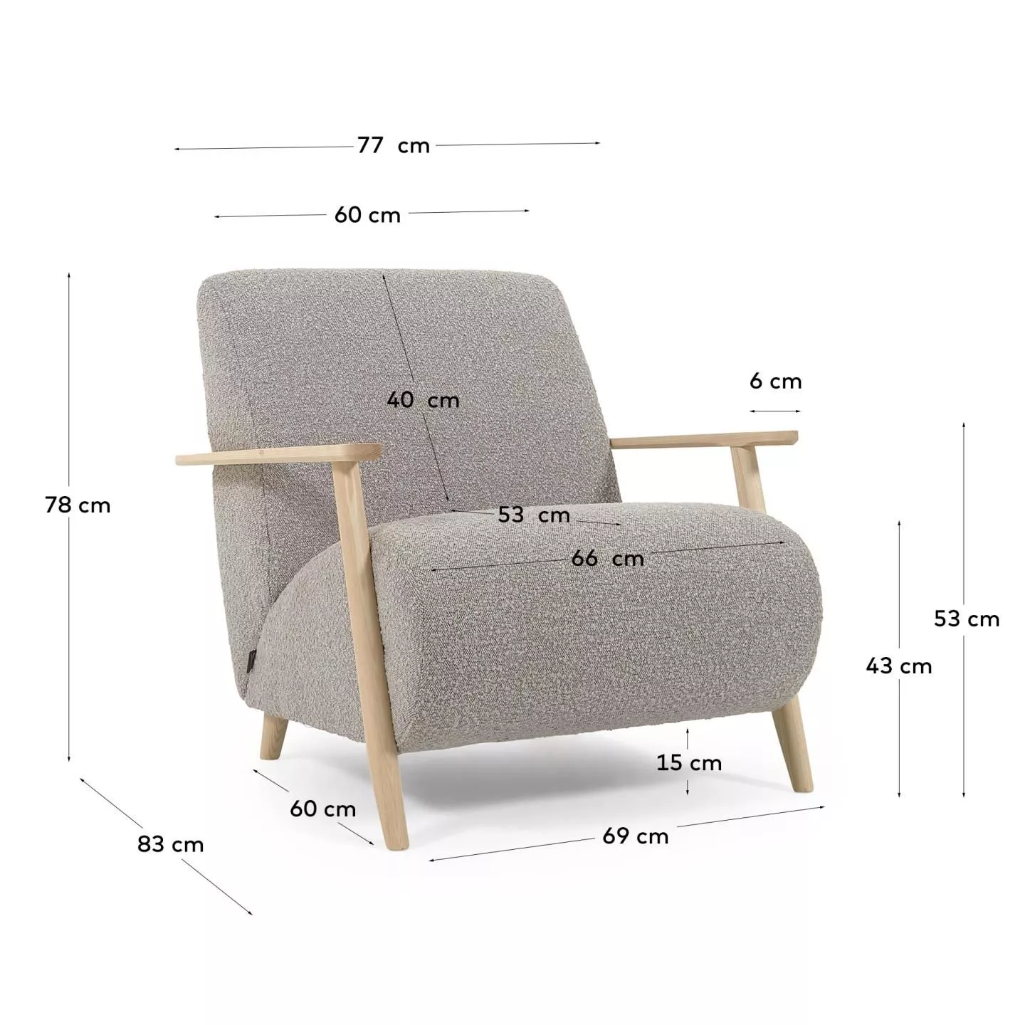 Кресло La Forma Meghan из серой ткани букле с ножками из массива ясеня 115764