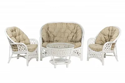 Комплект мебели из ротанга Черчилль (Рузвельт) с 2-х местным диваном и круглым столом белый матовый