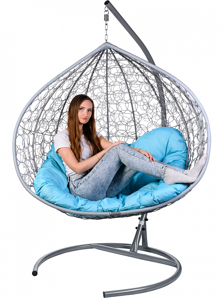 Двойное подвесное кресло Bigarden Gemini gray с голубой подушкой